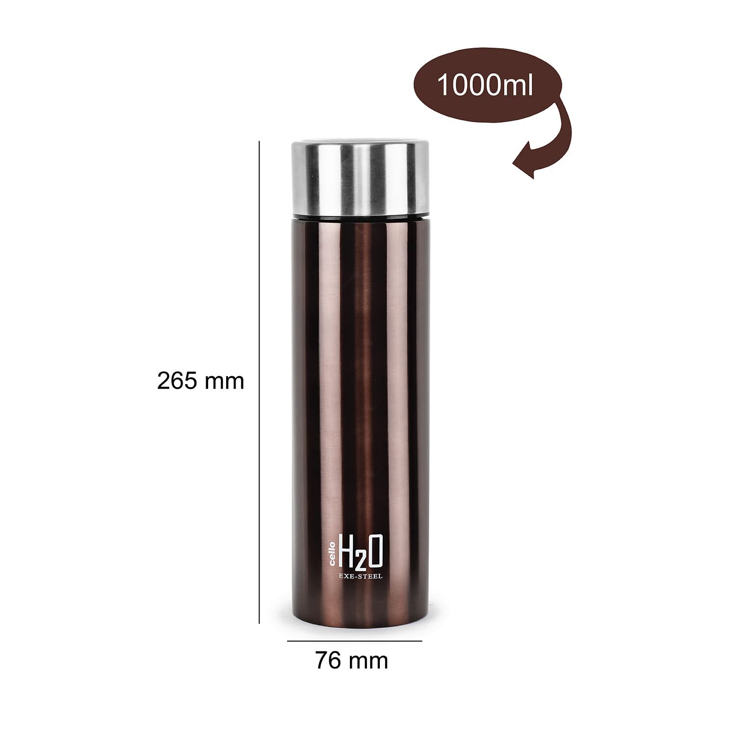 CELLO H2O Stainless Steel Water Bottle |1 Litre | Brown, 1 Unit - Image 3