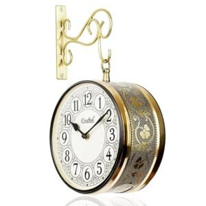 CRAFTEL Metal Analog Double Sided Vintage Railway Station Wall Clock Platform Hanging  (Shiny Gold_8 Inches)